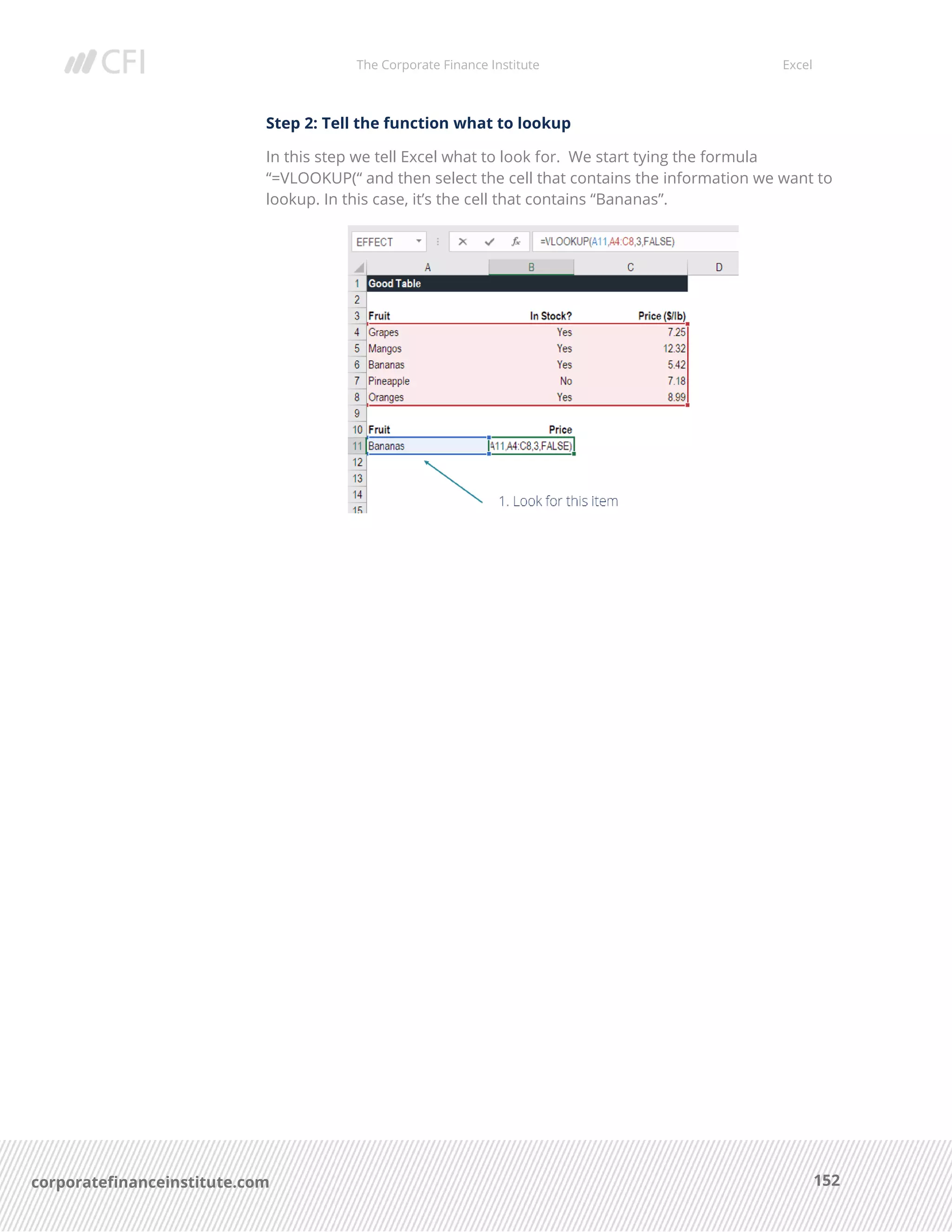 The Corporate Finance Institute Excel
152corporatefinanceinstitute.com
Step 2: Tell the function what to lookup
In this step we tell Excel what to look for. We start tying the formula
“=VLOOKUP(“ and then select the cell that contains the information we want to
lookup. In this case, it’s the cell that contains “Bananas”.
 
