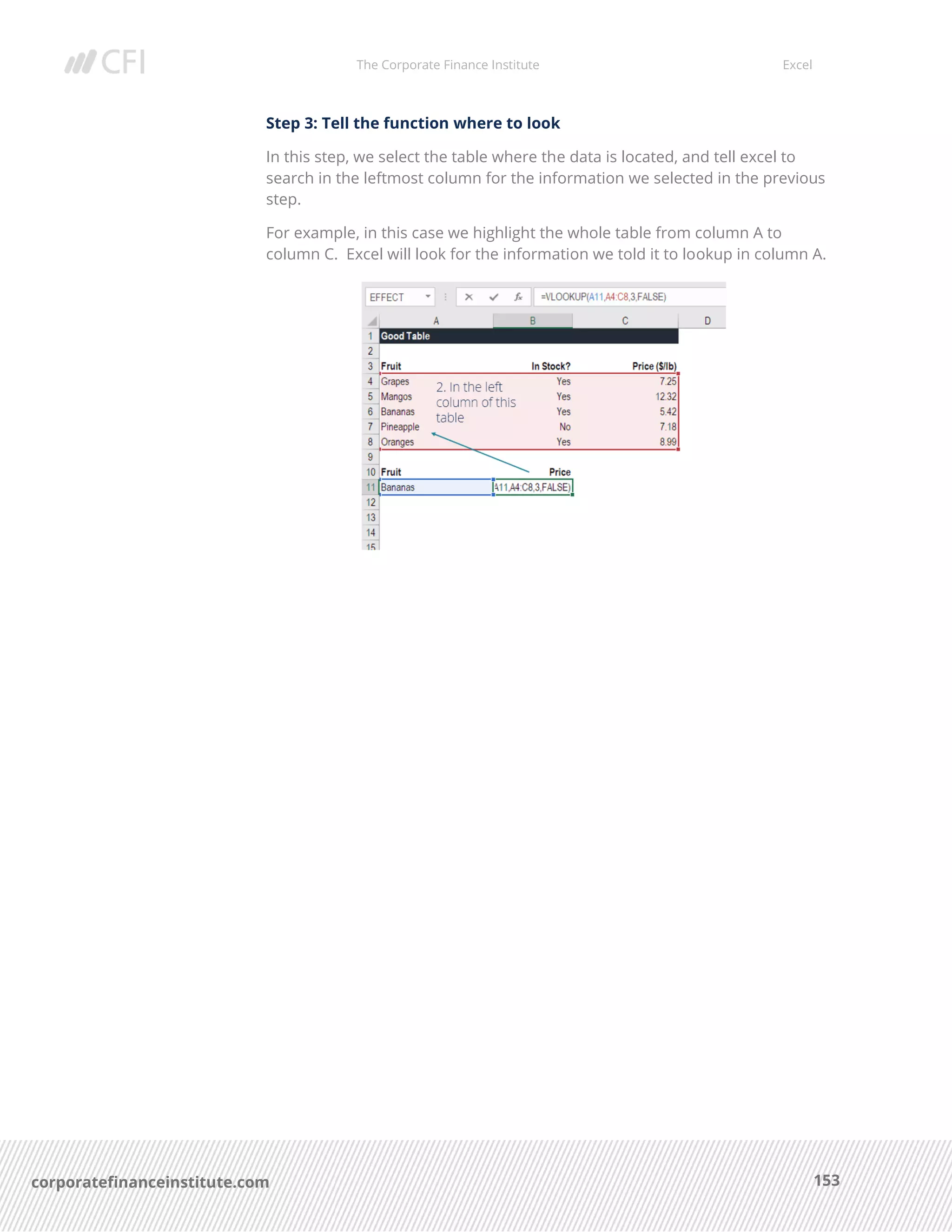 The Corporate Finance Institute Excel
153corporatefinanceinstitute.com
Step 3: Tell the function where to look
In this step, we select the table where the data is located, and tell excel to
search in the leftmost column for the information we selected in the previous
step.
For example, in this case we highlight the whole table from column A to
column C. Excel will look for the information we told it to lookup in column A.
 