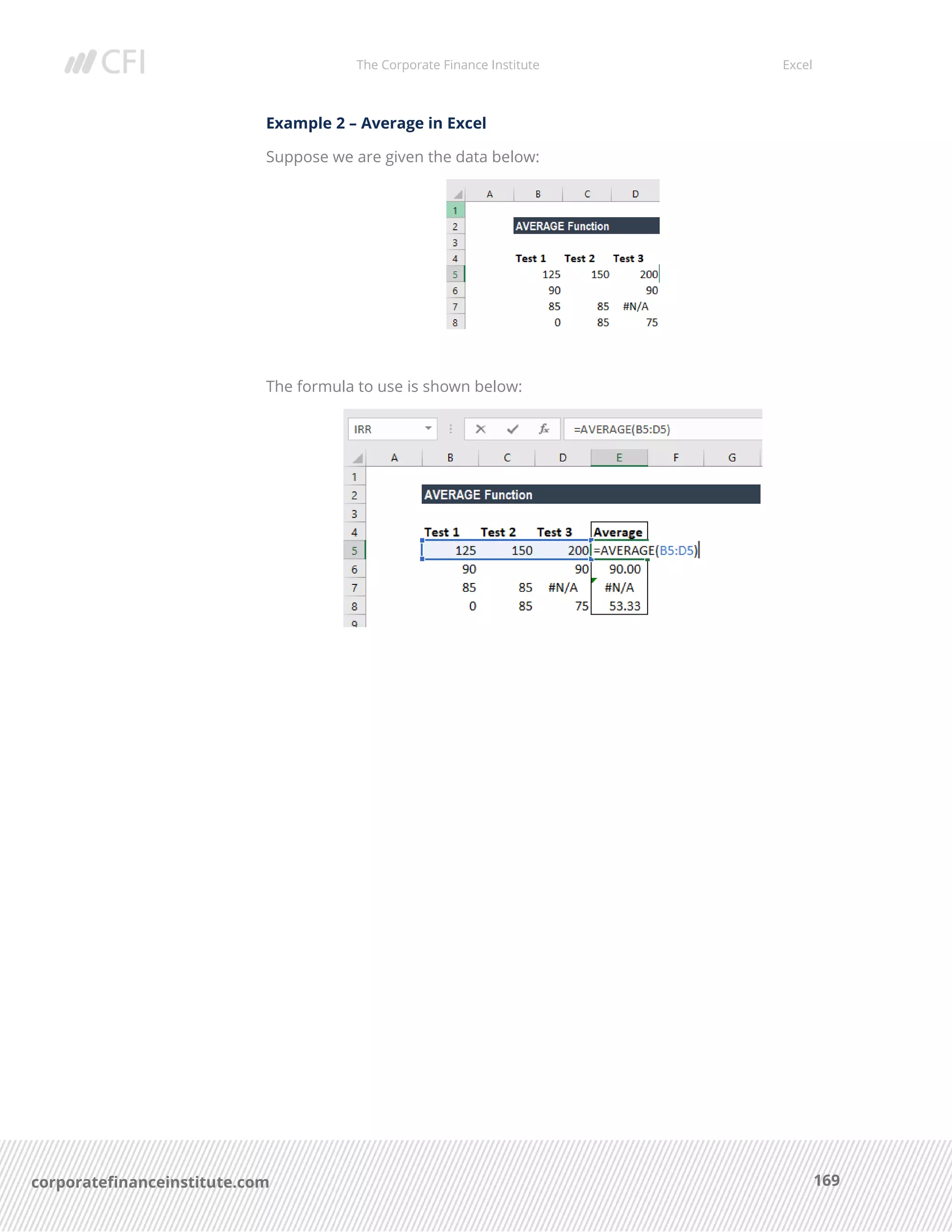 The Corporate Finance Institute Excel
169corporatefinanceinstitute.com
Example 2 – Average in Excel
Suppose we are given the data below:
The formula to use is shown below:
 