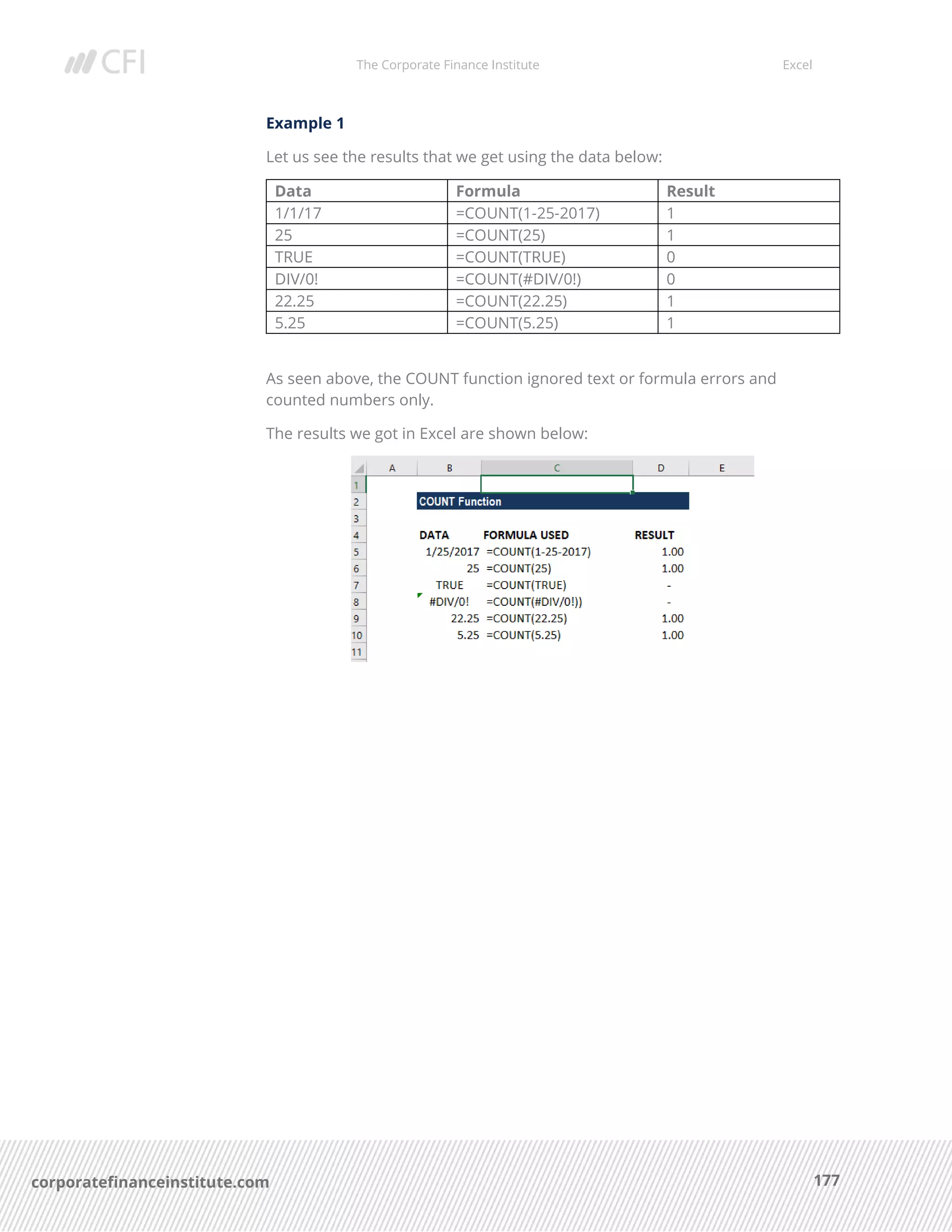 The Corporate Finance Institute Excel
177corporatefinanceinstitute.com
Example 1
Let us see the results that we get using the data below:
Data Formula Result
1/1/17 =COUNT(1-25-2017) 1
25 =COUNT(25) 1
TRUE =COUNT(TRUE) 0
DIV/0! =COUNT(#DIV/0!) 0
22.25 =COUNT(22.25) 1
5.25 =COUNT(5.25) 1
As seen above, the COUNT function ignored text or formula errors and
counted numbers only.
The results we got in Excel are shown below:
 