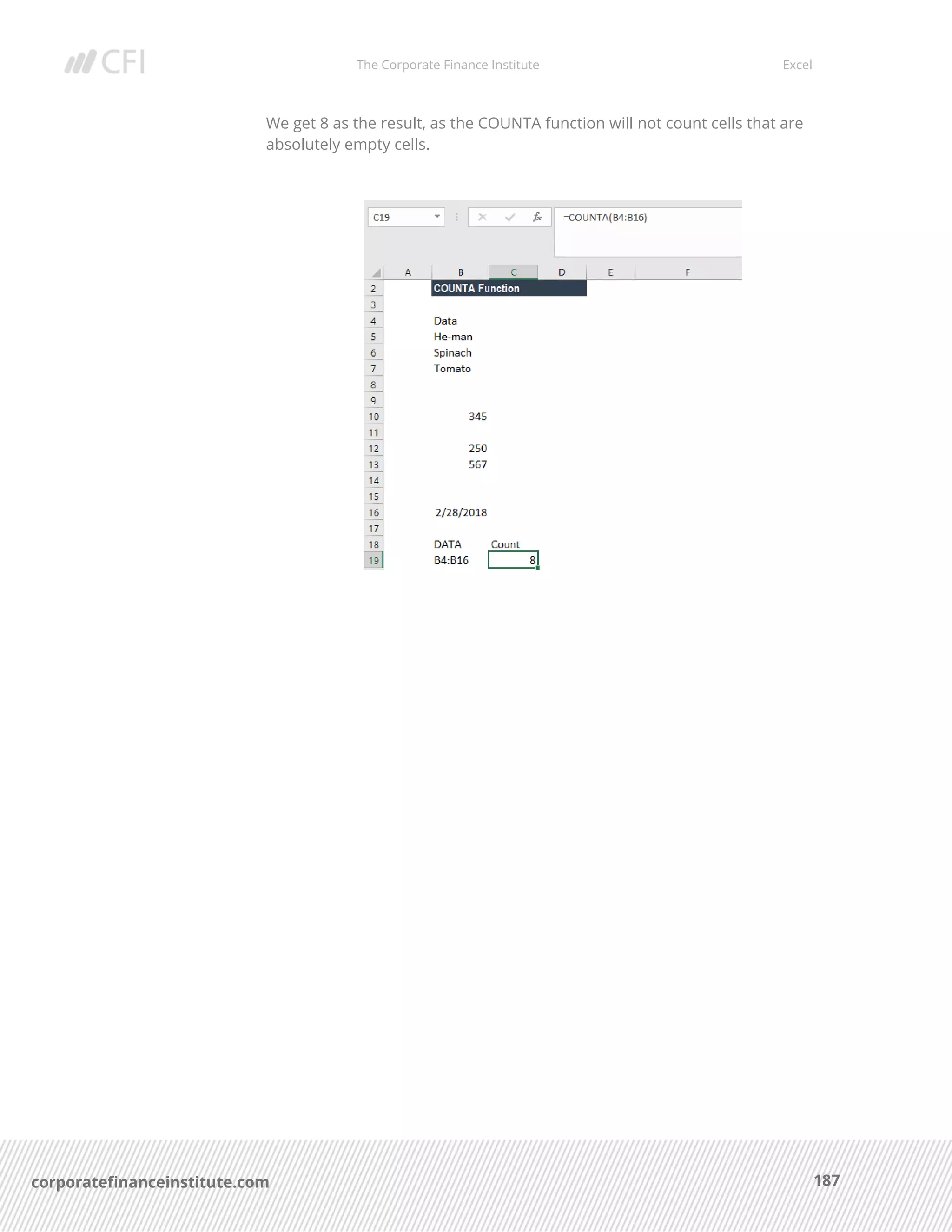 The Corporate Finance Institute Excel
187corporatefinanceinstitute.com
We get 8 as the result, as the COUNTA function will not count cells that are
absolutely empty cells.
 