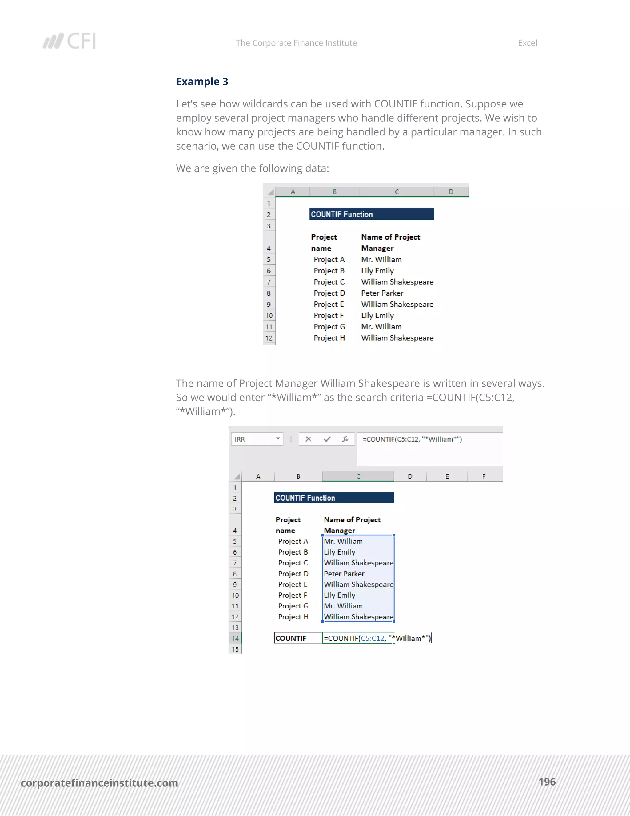 The Corporate Finance Institute Excel
196corporatefinanceinstitute.com
Example 3
Let’s see how wildcards can be used with COUNTIF function. Suppose we
employ several project managers who handle different projects. We wish to
know how many projects are being handled by a particular manager. In such
scenario, we can use the COUNTIF function.
We are given the following data:
The name of Project Manager William Shakespeare is written in several ways.
So we would enter “*William*” as the search criteria =COUNTIF(C5:C12,
“*William*”).
 