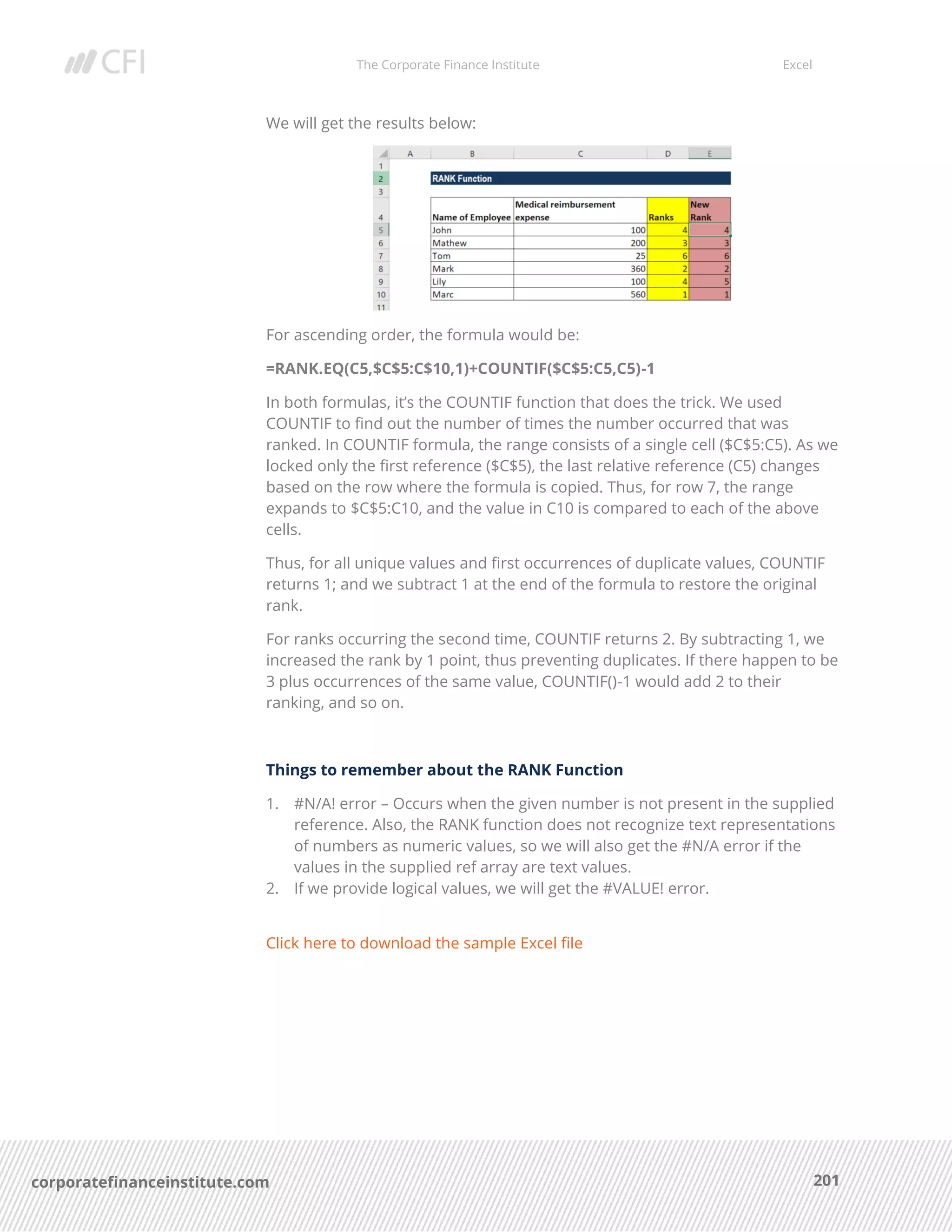 The Corporate Finance Institute Excel
201corporatefinanceinstitute.com
We will get the results below:
For ascending order, the formula would be:
=RANK.EQ(C5,$C$5:C$10,1)+COUNTIF($C$5:C5,C5)-1
In both formulas, it’s the COUNTIF function that does the trick. We used
COUNTIF to find out the number of times the number occurred that was
ranked. In COUNTIF formula, the range consists of a single cell ($C$5:C5). As we
locked only the first reference ($C$5), the last relative reference (C5) changes
based on the row where the formula is copied. Thus, for row 7, the range
expands to $C$5:C10, and the value in C10 is compared to each of the above
cells.
Thus, for all unique values and first occurrences of duplicate values, COUNTIF
returns 1; and we subtract 1 at the end of the formula to restore the original
rank.
For ranks occurring the second time, COUNTIF returns 2. By subtracting 1, we
increased the rank by 1 point, thus preventing duplicates. If there happen to be
3 plus occurrences of the same value, COUNTIF()-1 would add 2 to their
ranking, and so on.
Things to remember about the RANK Function
1. #N/A! error – Occurs when the given number is not present in the supplied
reference. Also, the RANK function does not recognize text representations
of numbers as numeric values, so we will also get the #N/A error if the
values in the supplied ref array are text values.
2. If we provide logical values, we will get the #VALUE! error.
Click here to download the sample Excel file
 