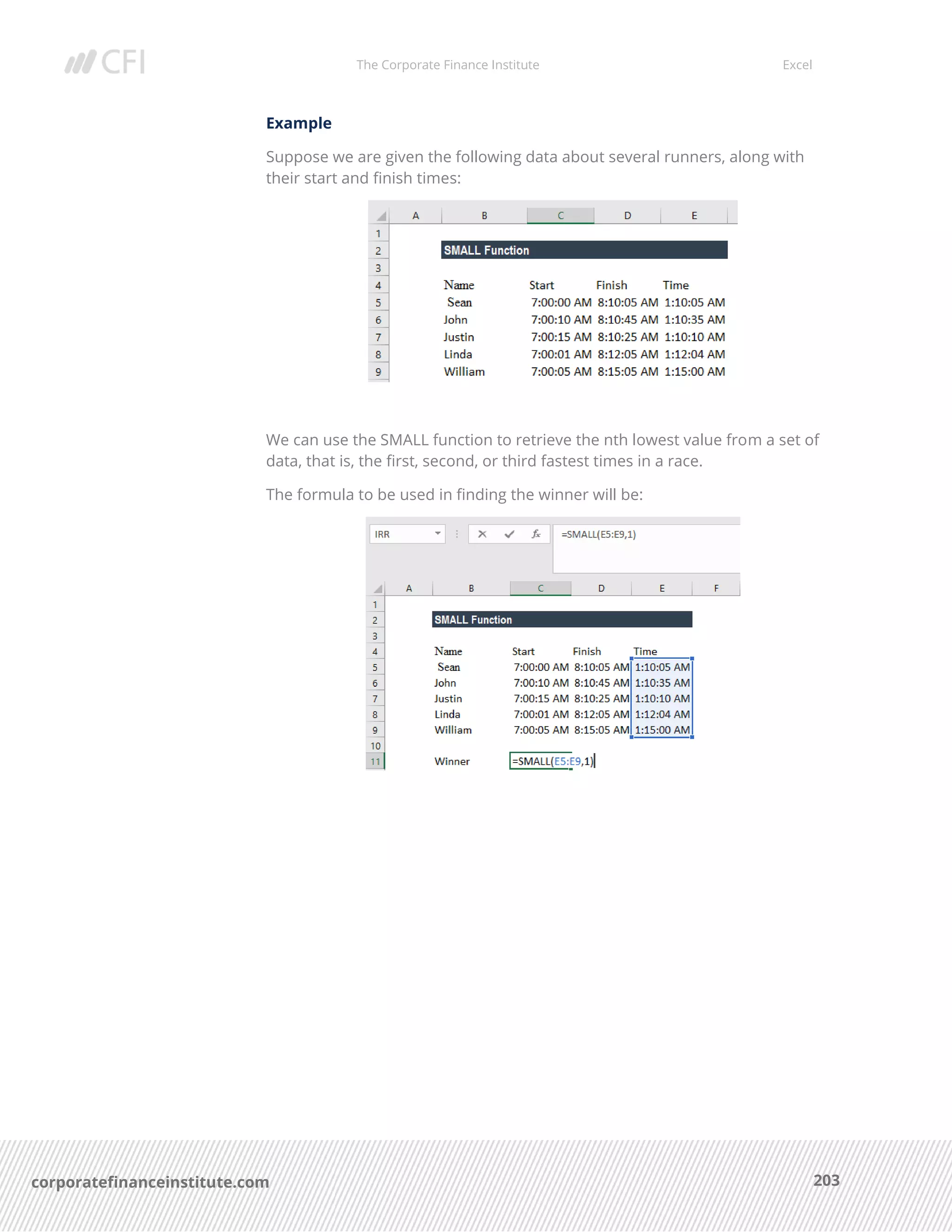 The Corporate Finance Institute Excel
203corporatefinanceinstitute.com
Example
Suppose we are given the following data about several runners, along with
their start and finish times:
We can use the SMALL function to retrieve the nth lowest value from a set of
data, that is, the first, second, or third fastest times in a race.
The formula to be used in finding the winner will be:
 