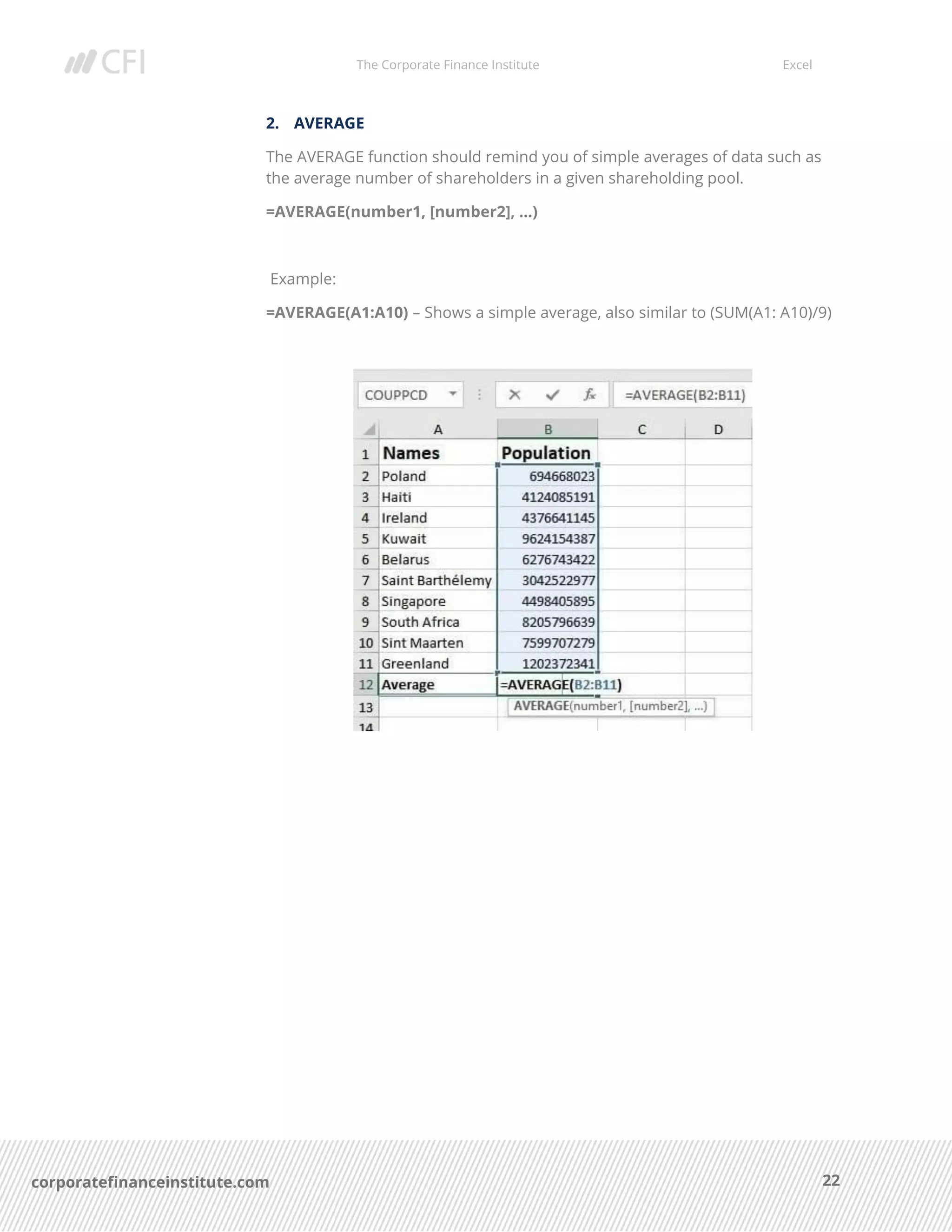 The Corporate Finance Institute Excel
22corporatefinanceinstitute.com
2. AVERAGE
The AVERAGE function should remind you of simple averages of data such as
the average number of shareholders in a given shareholding pool.
=AVERAGE(number1, [number2], …)
Example:
=AVERAGE(A1:A10) – Shows a simple average, also similar to (SUM(A1: A10)/9)
 