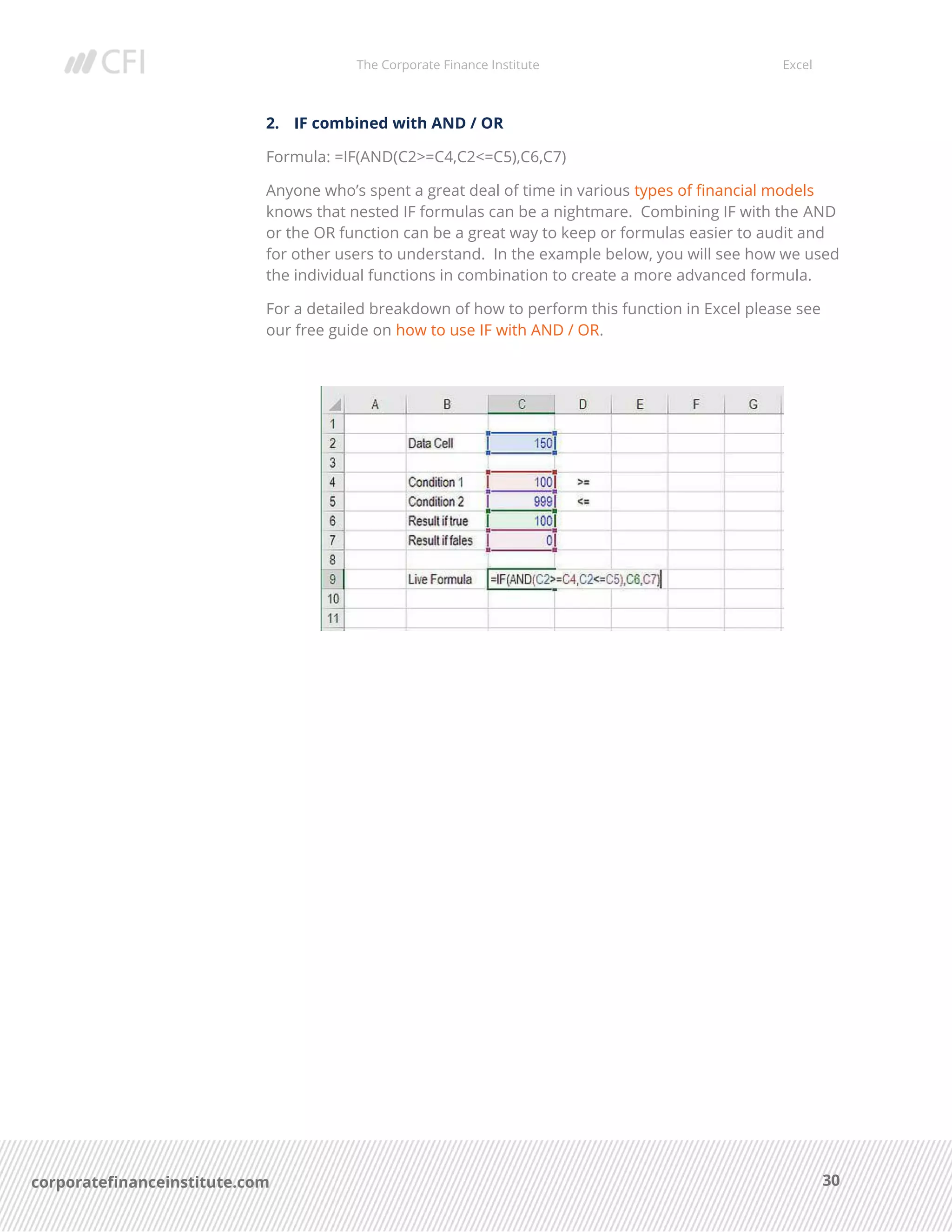 The Corporate Finance Institute Excel
30corporatefinanceinstitute.com
2. IF combined with AND / OR
Formula: =IF(AND(C2>=C4,C2<=C5),C6,C7)
Anyone who’s spent a great deal of time in various types of financial models
knows that nested IF formulas can be a nightmare. Combining IF with the AND
or the OR function can be a great way to keep or formulas easier to audit and
for other users to understand. In the example below, you will see how we used
the individual functions in combination to create a more advanced formula.
For a detailed breakdown of how to perform this function in Excel please see
our free guide on how to use IF with AND / OR.
 