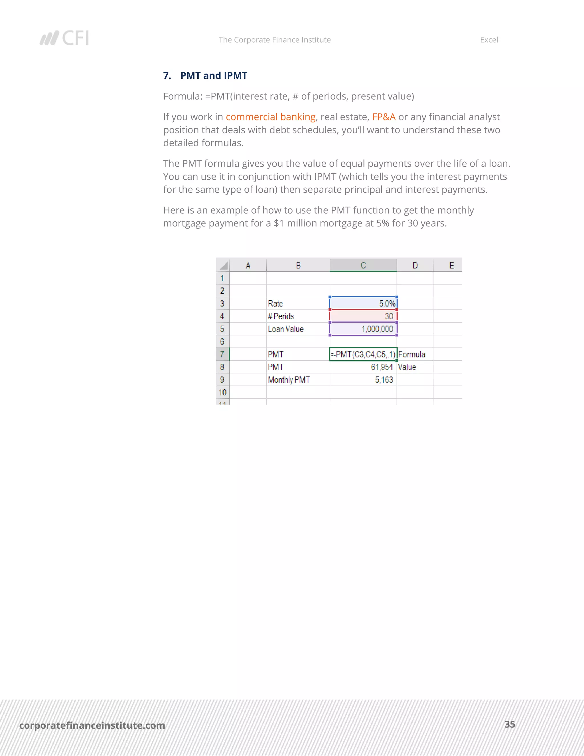 The Corporate Finance Institute Excel
35corporatefinanceinstitute.com
7. PMT and IPMT
Formula: =PMT(interest rate, # of periods, present value)
If you work in commercial banking, real estate, FP&A or any financial analyst
position that deals with debt schedules, you’ll want to understand these two
detailed formulas.
The PMT formula gives you the value of equal payments over the life of a loan.
You can use it in conjunction with IPMT (which tells you the interest payments
for the same type of loan) then separate principal and interest payments.
Here is an example of how to use the PMT function to get the monthly
mortgage payment for a $1 million mortgage at 5% for 30 years.
 