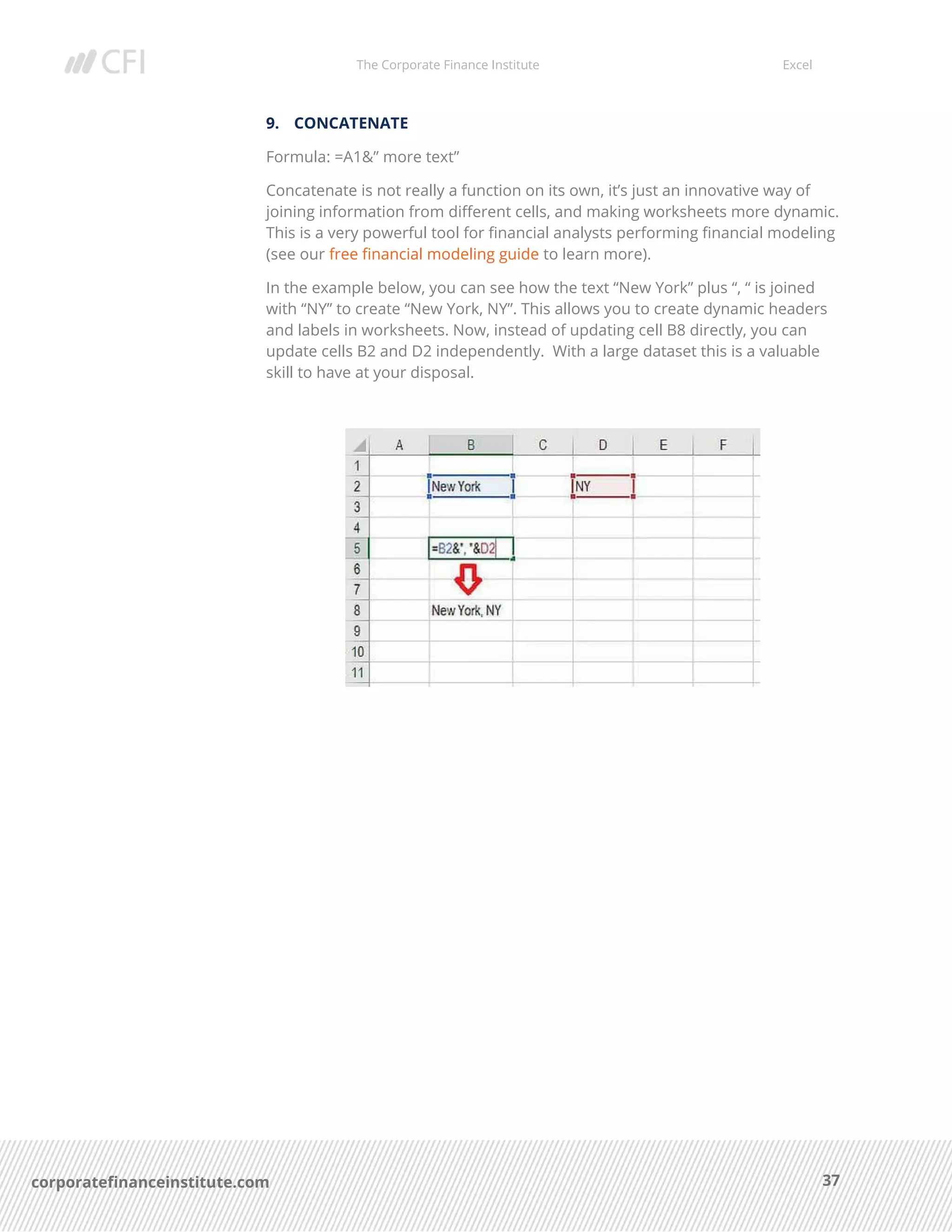 The Corporate Finance Institute Excel
37corporatefinanceinstitute.com
9. CONCATENATE
Formula: =A1&” more text”
Concatenate is not really a function on its own, it’s just an innovative way of
joining information from different cells, and making worksheets more dynamic.
This is a very powerful tool for financial analysts performing financial modeling
(see our free financial modeling guide to learn more).
In the example below, you can see how the text “New York” plus “, “ is joined
with “NY” to create “New York, NY”. This allows you to create dynamic headers
and labels in worksheets. Now, instead of updating cell B8 directly, you can
update cells B2 and D2 independently. With a large dataset this is a valuable
skill to have at your disposal.
 