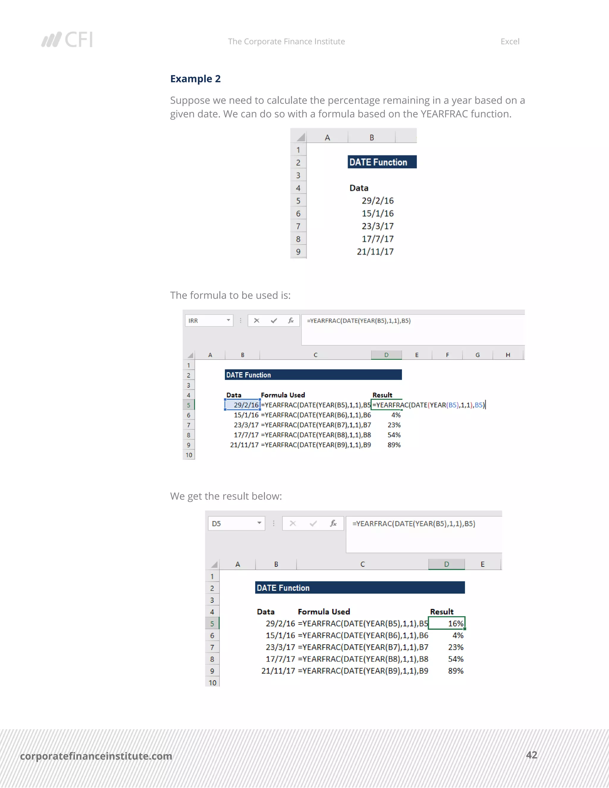 The Corporate Finance Institute Excel
42corporatefinanceinstitute.com
Example 2
Suppose we need to calculate the percentage remaining in a year based on a
given date. We can do so with a formula based on the YEARFRAC function.
The formula to be used is:
We get the result below:
 