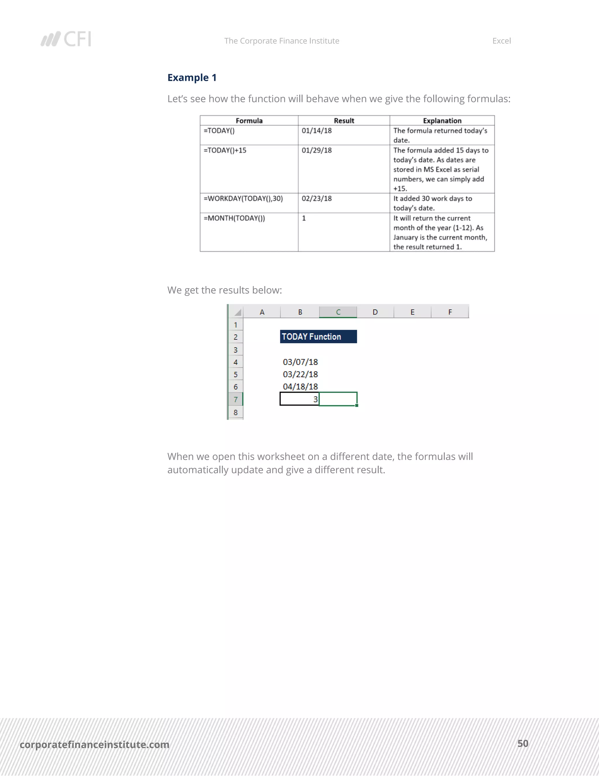 The Corporate Finance Institute Excel
50corporatefinanceinstitute.com
Example 1
Let’s see how the function will behave when we give the following formulas:
We get the results below:
When we open this worksheet on a different date, the formulas will
automatically update and give a different result.
 