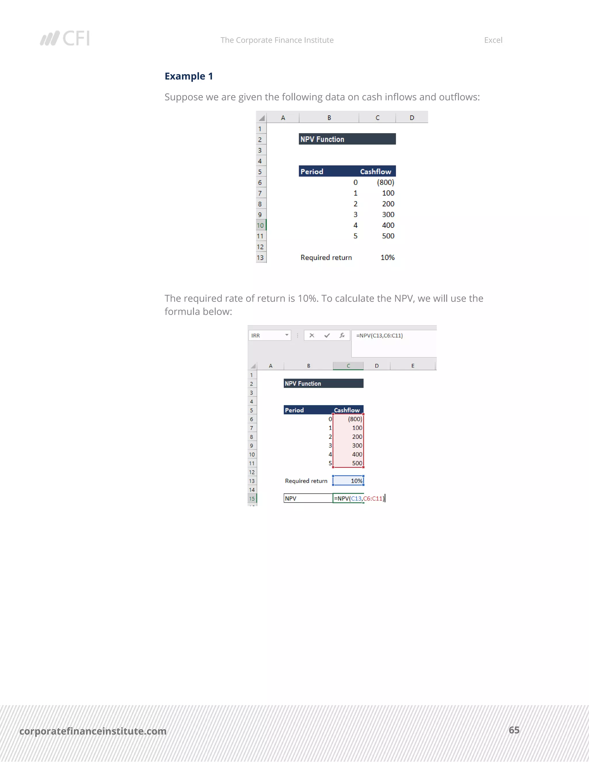 The Corporate Finance Institute Excel
65corporatefinanceinstitute.com
Example 1
Suppose we are given the following data on cash inflows and outflows:
The required rate of return is 10%. To calculate the NPV, we will use the
formula below:
 