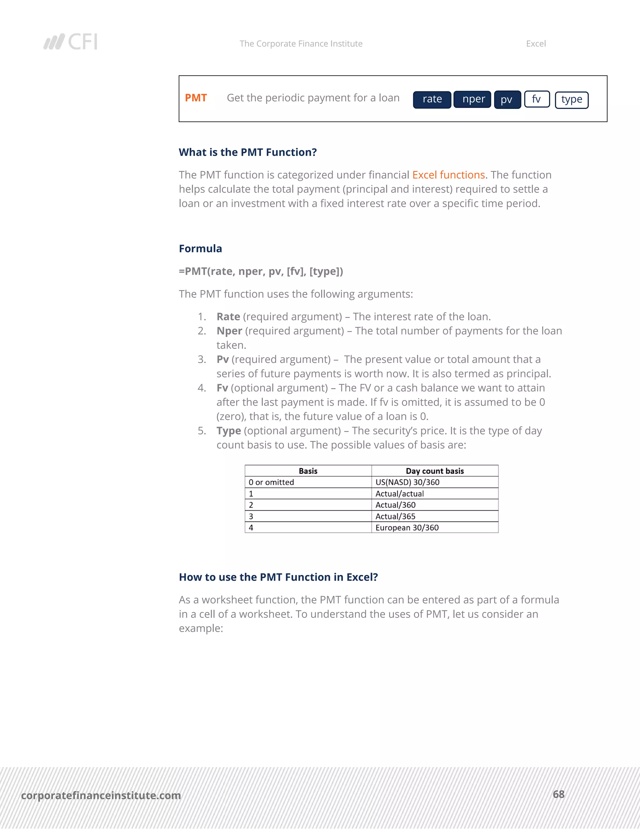 The Corporate Finance Institute Excel
68corporatefinanceinstitute.com
PMT Get the periodic payment for a loan
What is the PMT Function?
The PMT function is categorized under financial Excel functions. The function
helps calculate the total payment (principal and interest) required to settle a
loan or an investment with a fixed interest rate over a specific time period.
Formula
=PMT(rate, nper, pv, [fv], [type])
The PMT function uses the following arguments:
1. Rate (required argument) – The interest rate of the loan.
2. Nper (required argument) – The total number of payments for the loan
taken.
3. Pv (required argument) – The present value or total amount that a
series of future payments is worth now. It is also termed as principal.
4. Fv (optional argument) – The FV or a cash balance we want to attain
after the last payment is made. If fv is omitted, it is assumed to be 0
(zero), that is, the future value of a loan is 0.
5. Type (optional argument) – The security’s price. It is the type of day
count basis to use. The possible values of basis are:
How to use the PMT Function in Excel?
As a worksheet function, the PMT function can be entered as part of a formula
in a cell of a worksheet. To understand the uses of PMT, let us consider an
example:
rate nper pv fv type
 