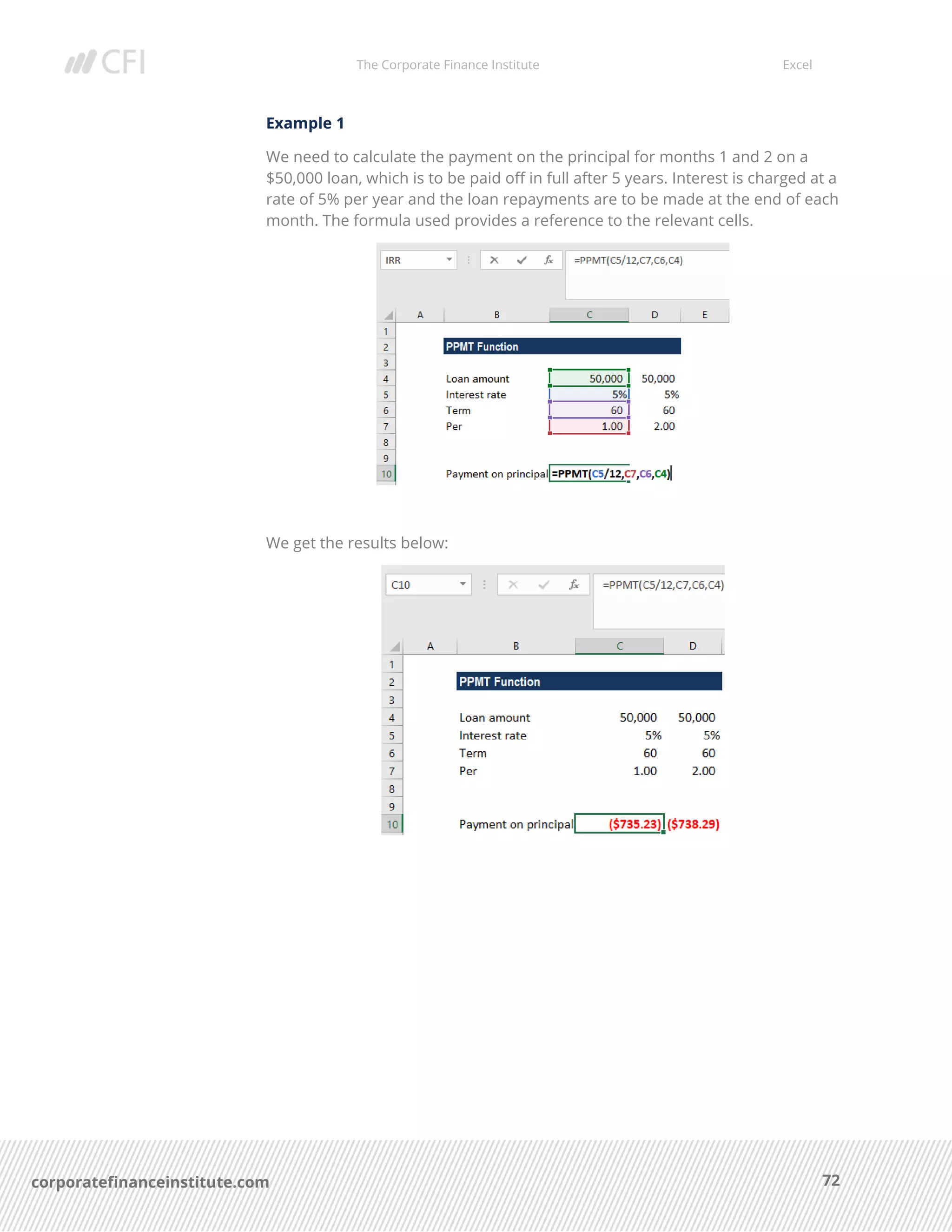 The Corporate Finance Institute Excel
72corporatefinanceinstitute.com
Example 1
We need to calculate the payment on the principal for months 1 and 2 on a
$50,000 loan, which is to be paid off in full after 5 years. Interest is charged at a
rate of 5% per year and the loan repayments are to be made at the end of each
month. The formula used provides a reference to the relevant cells.
We get the results below:
 