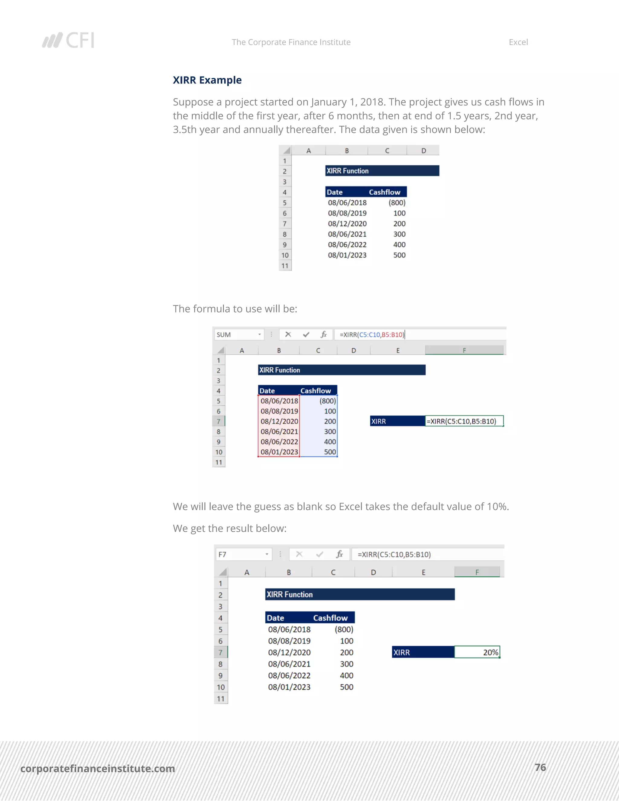 The Corporate Finance Institute Excel
76corporatefinanceinstitute.com
XIRR Example
Suppose a project started on January 1, 2018. The project gives us cash flows in
the middle of the first year, after 6 months, then at end of 1.5 years, 2nd year,
3.5th year and annually thereafter. The data given is shown below:
The formula to use will be:
We will leave the guess as blank so Excel takes the default value of 10%.
We get the result below:
 
