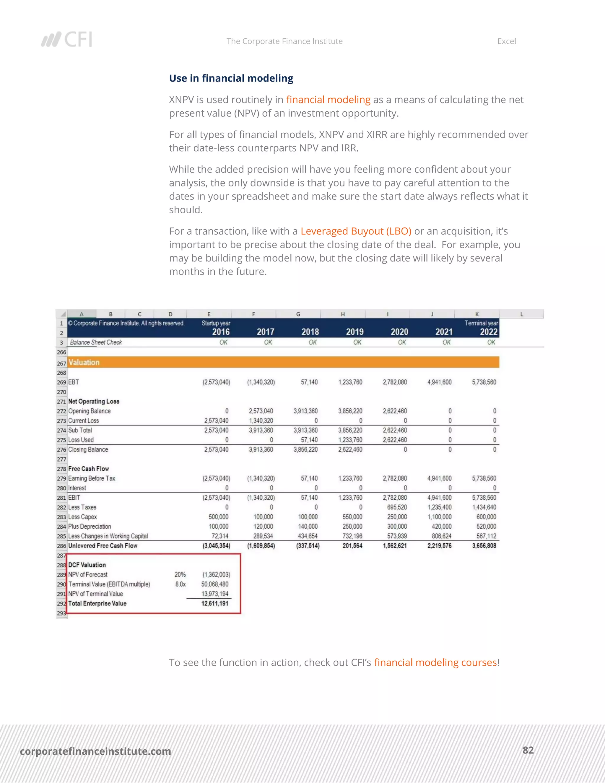 The Corporate Finance Institute Excel
82corporatefinanceinstitute.com
Use in financial modeling
XNPV is used routinely in financial modeling as a means of calculating the net
present value (NPV) of an investment opportunity.
For all types of financial models, XNPV and XIRR are highly recommended over
their date-less counterparts NPV and IRR.
While the added precision will have you feeling more confident about your
analysis, the only downside is that you have to pay careful attention to the
dates in your spreadsheet and make sure the start date always reflects what it
should.
For a transaction, like with a Leveraged Buyout (LBO) or an acquisition, it’s
important to be precise about the closing date of the deal. For example, you
may be building the model now, but the closing date will likely by several
months in the future.
To see the function in action, check out CFI’s financial modeling courses!
 