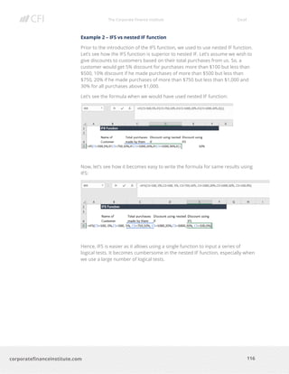 The Corporate Finance Institute Excel
116corporatefinanceinstitute.com
Example 2 – IFS vs nested IF function
Prior to the introduction of the IFS function, we used to use nested IF function.
Let’s see how the IFS function is superior to nested IF. Let’s assume we wish to
give discounts to customers based on their total purchases from us. So, a
customer would get 5% discount for purchases more than $100 but less than
$500, 10% discount if he made purchases of more than $500 but less than
$750, 20% if he made purchases of more than $750 but less than $1,000 and
30% for all purchases above $1,000.
Let’s see the formula when we would have used nested IF function:
Now, let’s see how it becomes easy to write the formula for same results using
IFS:
Hence, IFS is easier as it allows using a single function to input a series of
logical tests. It becomes cumbersome in the nested IF function, especially when
we use a large number of logical tests.
 