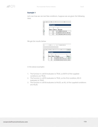 The Corporate Finance Institute Excel
119corporatefinanceinstitute.com
Example 1
Let’s see how we can test few conditions. Suppose we are given the following
data:
We get the results below:
In the above examples:
1. The function in cell E4 evaluates to TRUE, as BOTH of the supplied
conditions are TRUE;
2. The function in cell E5 evaluates to TRUE, as the first condition, B5>0
evaluates to TRUE;
3. The function in cell E6 evaluates to FALSE, as ALL of the supplied conditions
are FALSE.
 