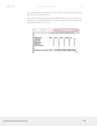 The Corporate Finance Institute Excel
135corporatefinanceinstitute.com
After typing FALSE, we need to press Ctrl + Shift + Enter instead of the Enter
key. Why do we need to do so?
Ctrl + Shift + Enter will enclose the HLOOKUP formula in curly brackets. As
shown below, all cells will give the results in one go. We will be saved from
typing the formula in each cell.
 