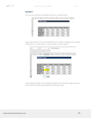 The Corporate Finance Institute Excel
146corporatefinanceinstitute.com
Example 1
Let’s say we are given the weekly earnings for 5 weeks below:
Now, if we insert the formula =OFFSET(A3,3,1) in cell B1, it will give us the value
2,500, which is 3 rows down on column right, as shown below:
In the above example, as the height and width of the returned range are same
as the reference range, we omitted the reference range.
 