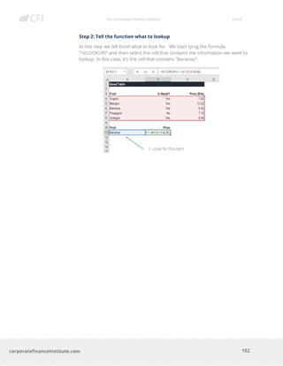The Corporate Finance Institute Excel
152corporatefinanceinstitute.com
Step 2: Tell the function what to lookup
In this step we tell Excel what to look for. We start tying the formula
“=VLOOKUP(“ and then select the cell that contains the information we want to
lookup. In this case, it’s the cell that contains “Bananas”.
 