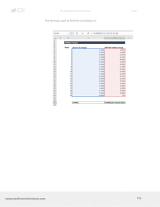 The Corporate Finance Institute Excel
173corporatefinanceinstitute.com
The formula used to find the correlation is:
 