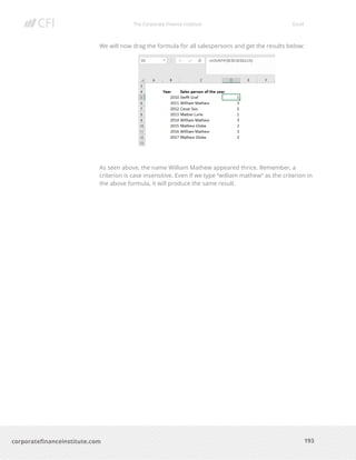 The Corporate Finance Institute Excel
193corporatefinanceinstitute.com
We will now drag the formula for all salespersons and get the results below:
As seen above, the name William Mathew appeared thrice. Remember, a
criterion is case insensitive. Even if we type “william mathew” as the criterion in
the above formula, it will produce the same result.
 