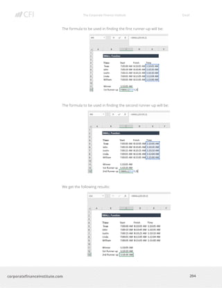 The Corporate Finance Institute Excel
204corporatefinanceinstitute.com
The formula to be used in finding the first runner-up will be:
The formula to be used in finding the second runner-up will be:
We get the following results:
 
