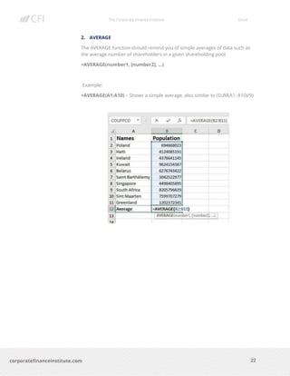 The Corporate Finance Institute Excel
22corporatefinanceinstitute.com
2. AVERAGE
The AVERAGE function should remind you of simple averages of data such as
the average number of shareholders in a given shareholding pool.
=AVERAGE(number1, [number2], …)
Example:
=AVERAGE(A1:A10) – Shows a simple average, also similar to (SUM(A1: A10)/9)
 