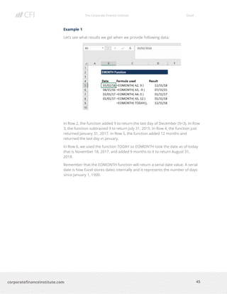 The Corporate Finance Institute Excel
45corporatefinanceinstitute.com
Example 1
Let’s see what results we get when we provide following data:
In Row 2, the function added 9 to return the last day of December (9+3). In Row
3, the function subtracted 9 to return July 31, 2015. In Row 4, the function just
returned January 31, 2017. In Row 5, the function added 12 months and
returned the last day in January.
In Row 6, we used the function TODAY so EOMONTH took the date as of today
that is November 18, 2017, and added 9 months to it to return August 31,
2018.
Remember that the EOMONTH function will return a serial date value. A serial
date is how Excel stores dates internally and it represents the number of days
since January 1, 1900.
 