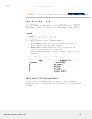 The Corporate Finance Institute Excel
56corporatefinanceinstitute.com
YEARFRAC Get the fraction of a year between two dates
What is the YEARFRAC Function?
The YEARFRAC Function is categorized under DATE/TIME functions. YEARFRAC
will return the number of days between two dates as a year fraction in Excel.
Formula
=YEARFRAC(start_date, end_date, [basis])
The YEARFRAC function uses the following arguments:
1. Start_date (required argument) – It is the start of the period. The
function includes the start date in calculations.
2. End_date (required argument) – It is the end of the period. The
function includes the end date in calculations.
3. [basis] (optional argument) – It specifies the type of day count basis to
be used.
Various possible values of [basis] and their meanings are:
How to use the YEARFRAC Function in Excel?
As a worksheet function, YEARFRAC can be entered as part of a formula in a
cell of a worksheet. To understand the uses of the function, let’s consider a few
examples:
start_date end_date basis
 