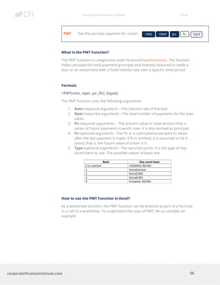 The Corporate Finance Institute Excel
68corporatefinanceinstitute.com
PMT Get the periodic payment for a loan
What is the PMT Function?
The PMT function is categorized under financial Excel functions. The function
helps calculate the total payment (principal and interest) required to settle a
loan or an investment with a fixed interest rate over a specific time period.
Formula
=PMT(rate, nper, pv, [fv], [type])
The PMT function uses the following arguments:
1. Rate (required argument) – The interest rate of the loan.
2. Nper (required argument) – The total number of payments for the loan
taken.
3. Pv (required argument) – The present value or total amount that a
series of future payments is worth now. It is also termed as principal.
4. Fv (optional argument) – The FV or a cash balance we want to attain
after the last payment is made. If fv is omitted, it is assumed to be 0
(zero), that is, the future value of a loan is 0.
5. Type (optional argument) – The security’s price. It is the type of day
count basis to use. The possible values of basis are:
How to use the PMT Function in Excel?
As a worksheet function, the PMT function can be entered as part of a formula
in a cell of a worksheet. To understand the uses of PMT, let us consider an
example:
rate nper pv fv type
 