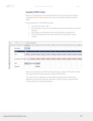 The Corporate Finance Institute Excel
80corporatefinanceinstitute.com
Example of XNPV in Excel
Below is a screenshot of an Example of the function being used in Excel to
calculate the Net Present Value of a series of cash flows based on specific
dates.
Key assumptions in the XNPV example:
• The discount rate is 10%
• The start date is June 30, 2018 (date we are discounting the cash flows
back to)
• Cash flows are received on the exact date they correspond to
• The time between the start date and the first cash flow is only 6
months
Based on the above, the XNPV formula produces a value of $772,830.7 while
the regular NPV formula produces a value of $670,316.4.
The reason for this difference is that XNPV recognizes that time period
between the start date and first cash flow is only 6 months, while the NPV
function treats it as a full-time period.
 
