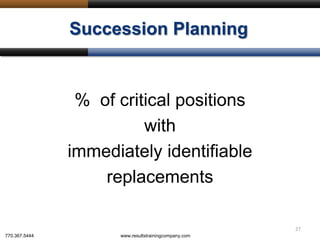 Succession Planning
% of critical positions
with
immediately identifiable
replacements
27
770.367.5444 www.resultstrainingcompany.com
 
