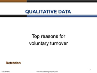 QUALITATIVE DATA
Top reasons for
voluntary turnover
Retention
35
770.367.5444 www.resultstrainingcompany.com
 