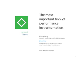 The 
most 
important 
trick 
of 
performance 
instrumentation 
Cary 
Millsap 
Accenture 
Enkitec 
Group 
and 
Method 
R 
Corporation 
@CaryMillsap 
OakTable 
World 
2014 
·∙ 
San 
Francisco, 
California 
12:50p–1:00p 
Monday 
29 
September 
2014 
© 
2014 
Method 
R 
Corporation 
1 
TM 
MeTHOD R 