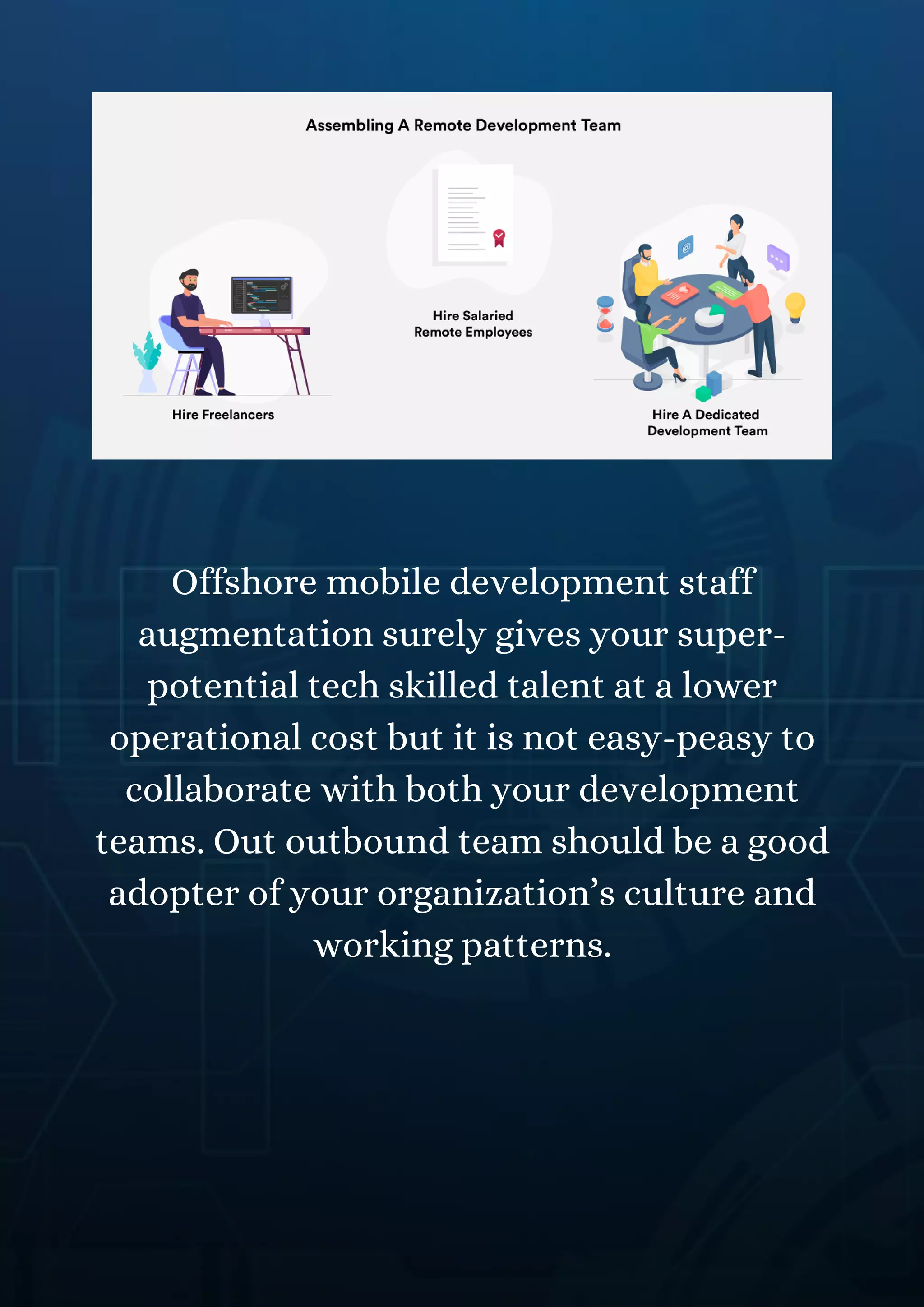 Offshore mobile development staff
augmentation surely gives your super-
potential tech skilled talent at a lower
operational cost but it is not easy-peasy to
collaborate with both your development
teams. Out outbound team should be a good
adopter of your organization’s culture and
working patterns.
 