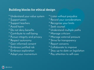 @axbom
* Understand your value system
* Support peers
* Support teachers
* Avoid harm
* Do not deny benefits
* Contribute to well-being
* Pursue integrity and privacy
* Respect autonomy
* Gain informed consent
* Embrace justified risk
* Embrace exploration
* Adapt your momentum
Ethical design building blocks by @axbom – version 0.9 – September 2018
Building blocks for ethical design
* Listen without prejudice
* Record your considerations
* Recognize your limits
* Seek counsel
* Understand multiple paths
* Manage criticism
* Manage external pressure
* Strive for transparency
* Report concerns
* Collaborate to improve
* Stay up-to-date on legislation
* Pay attention to self-care
 