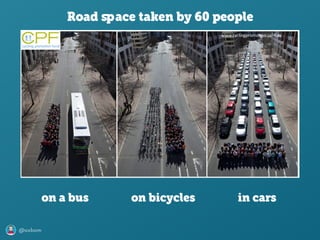@axbom
Road space taken by 60 people
on a bus on bicycles in cars
 