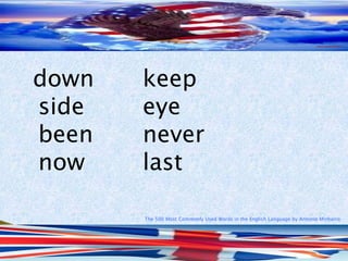 The 500 Most Commonly Used Words in the English Language by Antonio Minharro
down keep
side eye
been never
now last
 