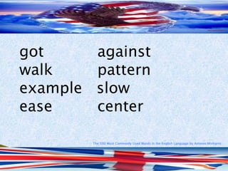 The 500 Most Commonly Used Words in the English Language by Antonio Minharro
got against
walk pattern
example slow
ease center
 