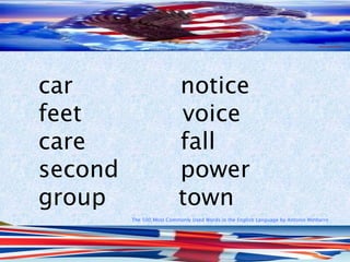 The 500 Most Commonly Used Words in the English Language by Antonio Minharro
car notice
feet voice
care fall
second power
group town
 
