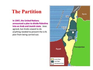 The Partition
In 1947, the United Nations
announced a plan to divide Palestine
into an Arab and Jewish state. Jews
agreed, but Arabs vowed to do
anything needed to prevent the U.N.
plan from being carried out.
 