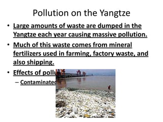 Pollution on the Yangtze
• Large amounts of waste are dumped in the
  Yangtze each year causing massive pollution.
• Much of this waste comes from mineral
  fertilizers used in farming, factory waste, and
  also shipping.
• Effects of pollution:
  – Contaminated drinking water
 