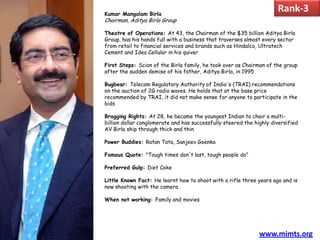 Kumar Mangalam Birla
                                                                      Rank-3
Chairman, Aditya Birla Group

Theatre of Operations: At 43, the Chairman of the $35 billion Aditya Birla
Group, has his hands full with a business that traverses almost every sector
from retail to financial services and brands such as Hindalco, Ultratech
Cement and Idea Cellular in his quiver

First Steps: Scion of the Birla family, he took over as Chairman of the group
after the sudden demise of his father, Aditya Birla, in 1995

Bugbear: Telecom Regulatory Authority of India's (TRAI) recommendations
on the auction of 2G radio waves. He holds that at the base price
recommended by TRAI, it did not make sense for anyone to participate in the
bids

Bragging Rights: At 28, he became the youngest Indian to chair a multi-
billion dollar conglomerate and has successfully steered the highly diversified
AV Birla ship through thick and thin

Power Buddies: Ratan Tata, Sanjeev Goenka

Famous Quote: "Tough times don't last, tough people do"

Preferred Gulp: Diet Coke

Little Known Fact: He learnt how to shoot with a rifle three years ago and is
now shooting with the camera

When not working: Family and movies




                                                               www.mimts.org
 