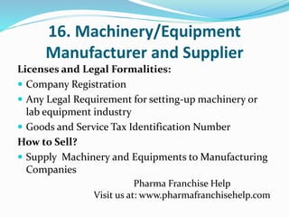 16. Machinery/Equipment
Manufacturer and Supplier
Licenses and Legal Formalities:
 Company Registration
 Any Legal Requi...