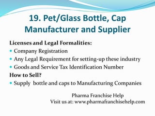 19. Pet/Glass Bottle, Cap
Manufacturer and Supplier
Licenses and Legal Formalities:
 Company Registration
 Any Legal Req...