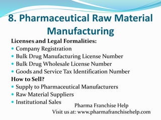 8. Pharmaceutical Raw Material
Manufacturing
Licenses and Legal Formalities:
 Company Registration
 Bulk Drug Manufactur...