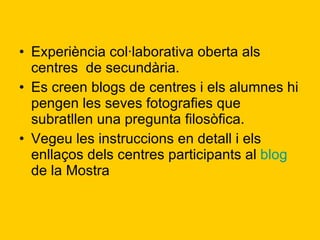 Experiència col·laborativa oberta als centres  de secundària. Es creen blogs de centres i els alumnes hi pengen les seves fotografies que subratllen una pregunta filosòfica. Vegeu les instruccions en detall i els enllaços dels centres participants al  blog  de la Mostra 