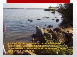 OS RIOS SÃO FONTE DE VIDA.  SUAS ÁGUAS SÃO ESSENCIAIS PARA QUE AS PESSOAS POSSAM VIVER,BEBENDO, BANHANDO-SE, NAVEGANDO, ALÉM DE OUTRAS UTILIDADES... 