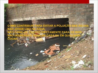 COMO CONTRIBUIR PARA EVITAR A POLUIÇÃO DAS ÁGUAS: NÃO JOGUE LIXO NA ÁGUA; NÃO CANALIZE ESGOTO DIRETAMENTE PARA OS RIOS. NÃO DESPERDICE ÁGUA,EM CASA OU EM QUALQUER LUGAR. 